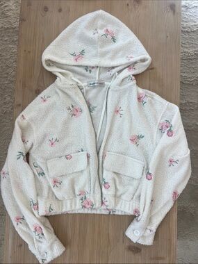 Madden Girl Cream sherpa jacket with pink floral embroidery